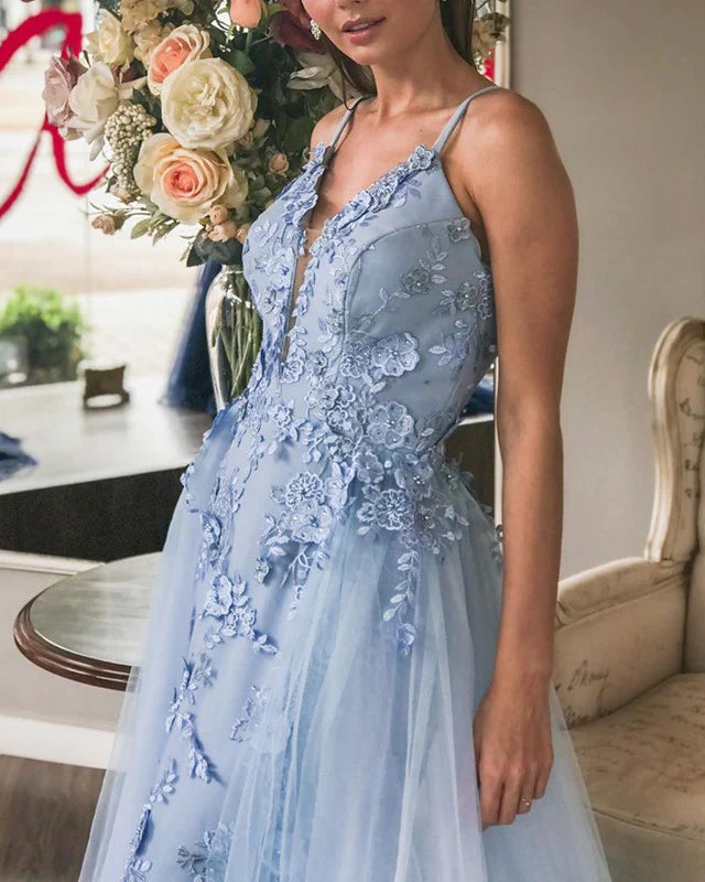 Mermaid V Neck 3D Lace Flowers Embroidery Prom Dresses